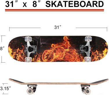 Скейтборд ChromeWheels 31 дюйм Double Kick Cruiser Longboard для дітей та початківців з кленовою декою 8 шарів (Feuer)