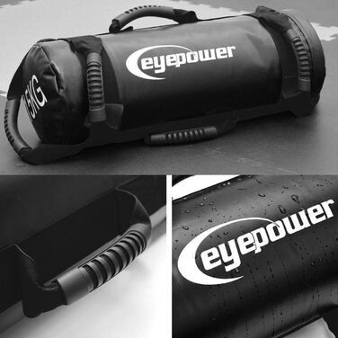 Мішок для тренувань EYEPOWER 15 кг з 4 гантелями (заповнений піском) - 6 ручок, для дому, фітнес, тренування пресу та спини, чорний 18x50 см