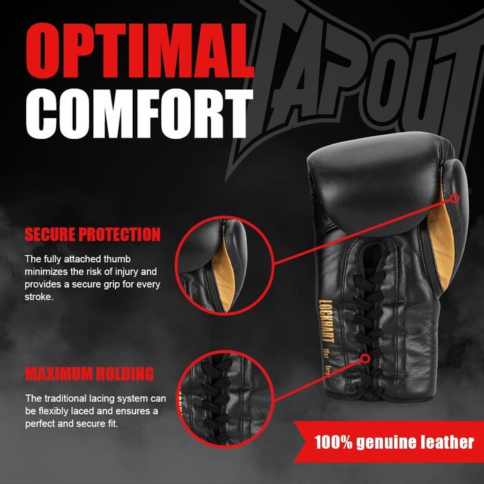 Боксерські рукавички Tapout LOCKHART зі шкіри, чорні/золоті, 10 унцій, 1 пара