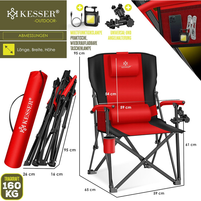 Кресlo для кемпінгу KESSER® - складне, 160 кг, з підлокітниками, кишенею для напоїв та сумкою | Стілець для риболовлі, пляжу, відпочинку