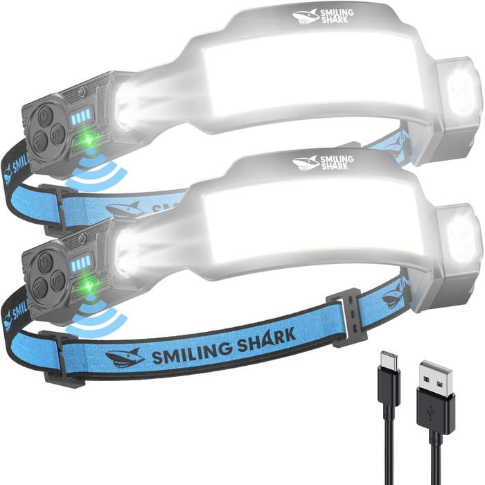Налобний ліхтар Smiling Shark TS-6 LED, акумуляторний, 2400mAh, з регульованим світлом, 6 режимів, сенсор руху, для кемпінгу, бігу, піших прогулянок (2 шт.)