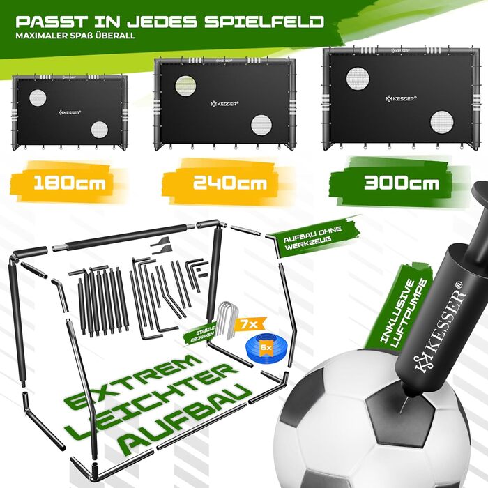 Ворота для футболу KESSER® для саду: міцні, для тренувань, з UV-стійким сітком, сталевий каркас з м'якою обшивкою, земляні кілки, насос, конуси, аксесуари для монтажу (300 см, з торговою панеллю, антрацит)