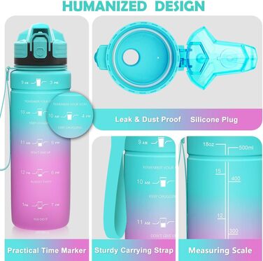 Дитяча спортивна пляшка для води Zounich 500 мл, тритан, BPA-free, для школи і велоспорту, герметична, підходить для газованої води, можна мити в посудомийній машині, смарагдово-фіолетовий градієнт