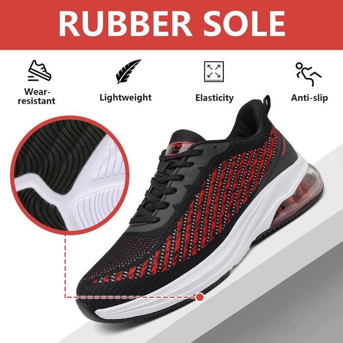 Кросівки для чоловіків та жінок: спортивні, легкі, з повітряною подушкою, для бігу та фітнесу, дихаючі, розміри 36-47 EU, чорний та червоний кольори