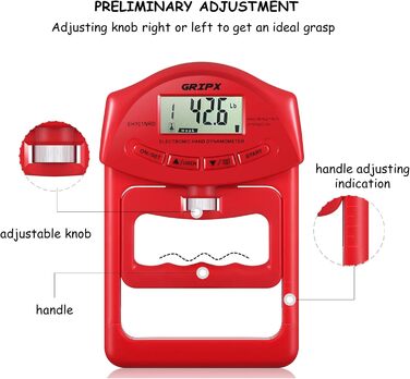 Цифровий динамометр GRIPX для вимірювання сили хвата. Електронний, автоматичне вимірювання, 90 кг / 198 lbs (червоний)