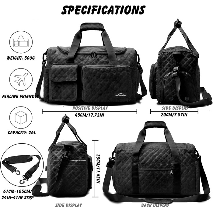 Спортивна сумка для подорожей з відділенням для взуття та вологих речей, водонепроникна сумка-вікенд для йоги, плавання та залу, унісекс (Чорна)