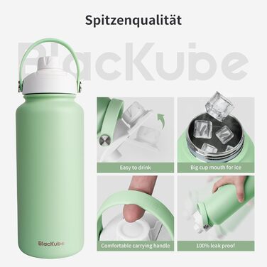 Термос пляшка Blackube з нержавіючої сталі 1000 мл, BPA-free, герметична, для спорту, школи, фітнесу, кемпінгу, зелена Semporna
