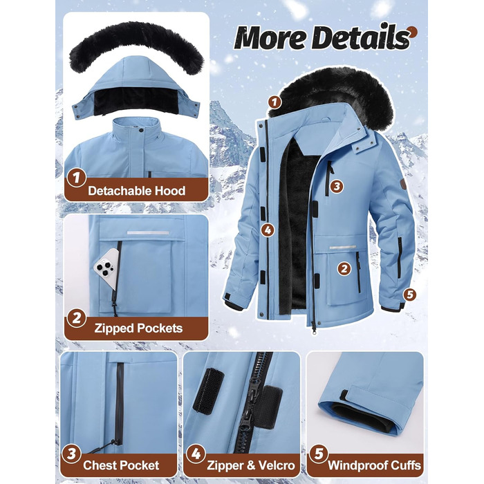 Водонепроникна зимова куртка Voqeen для сноубордингу та лижного спорту з флісовою підкладкою, синього кольору (L)