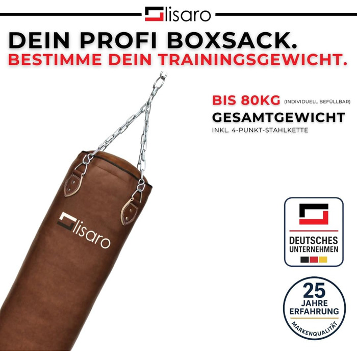Боксерський мішок Lisaro Profi 150 см | Для будь-якого виду спорту | 40 кг | З наповнювачем/без наповнювача | Сталева ланцюгова підвіска | Штучна шкіра (вініл) | Студійна якість | Колір: Коричневий