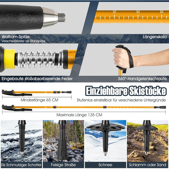 Снігоступи COSTWAY з підйомником, 38-45 розмір, подвійна фіксація, алюмінієвий каркас, трекінгові палиці, чохол, гетри, для чоловіків та жінок, 63 см, золоті