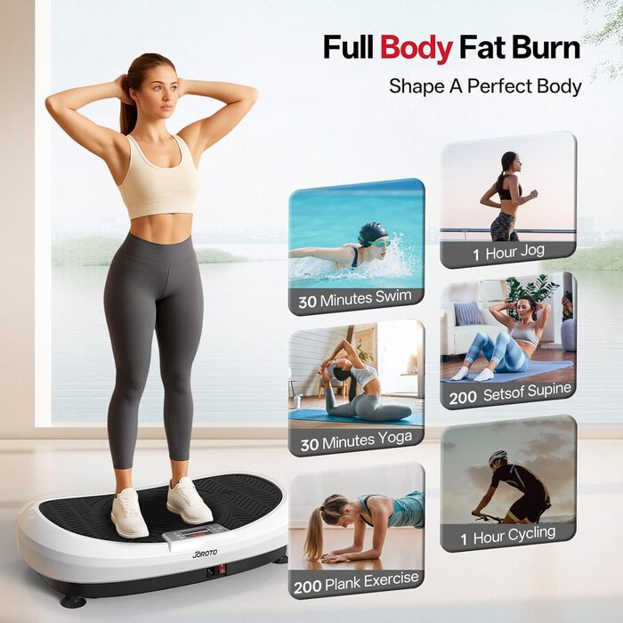 Вібраційна платформа JOROTO 4D для дому: 3 потужні мотори, професійне тренування всього тіла, 10 режимів (3 авто/7 ручні), таймер, до 158 кг, тиха та неслизька