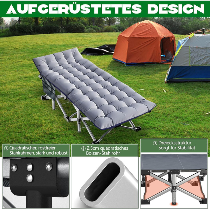 Розкладне ліжко ZIKEBTUY для кемпінгу та відпочинку: міцне, з матрацом, 190x71x36 см (сірий)