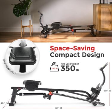 Інтелектуальний компактний гребний тренажер Sunny Health & Fitness SF-RW5639SMART, повний тренаж для всього тіла, м’який рух, подовжена напрямна, вантажопідйомність 159 кг