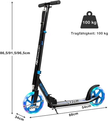 Дитячий трюковий самокат GOPLUS Roller Kinder 10 років, 3-ступенева регулювання висоти, алюмінієвий, складної конструкції, з LED-колесами, гальмом на задньому колесі, ременем та підставкою, до 100 кг (Блакитний)