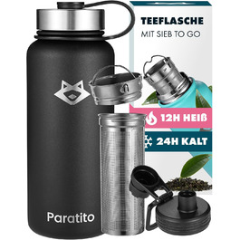 Термос PARATITO з ситечком для чаю, 1 л, нержавіюча сталь, герметичний, для чаю і кави, чорний, ізольована пляшка для походів, кемпінгу, миття в посудомийці