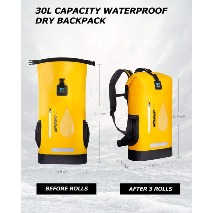 Водонепроникний рюкзак IDRYBAG 30L, жовтий - для каякінгу, кану, кемпінгу та піших прогулянок