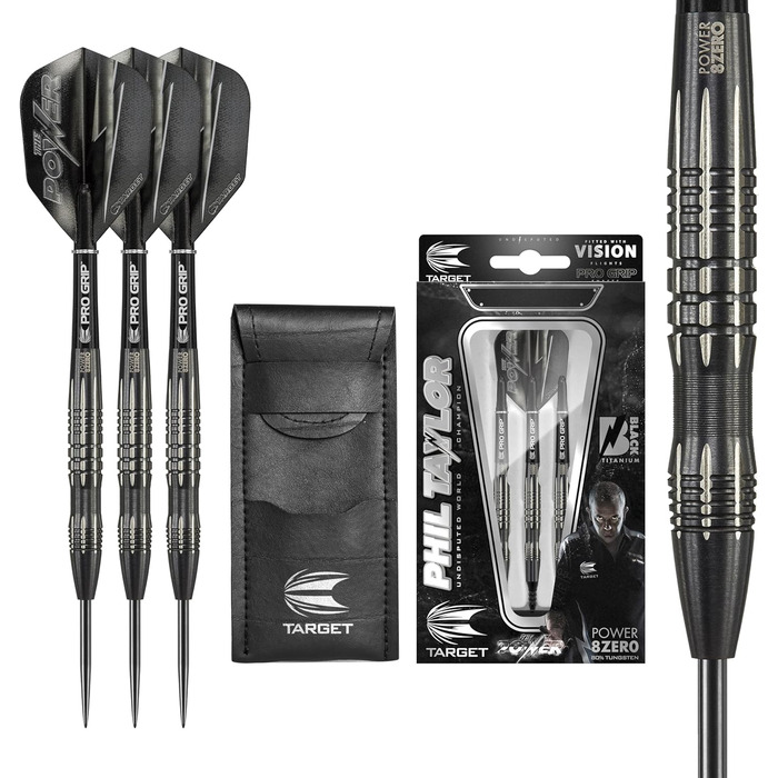 Професійні дартси Target Phil Taylor Power 8-Zero 1, 80% вольфрам, 21/23/25 г, зі сталевими наконечниками, чорний, з кейсом