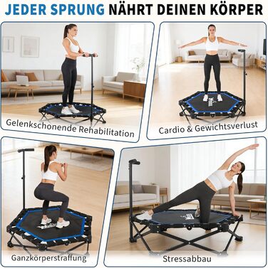 Складаний фітнес-батут для дому з регульованою ручкою, Ø 86.5 см, навантаження до 150 кг, синій — для дорослих та дітей