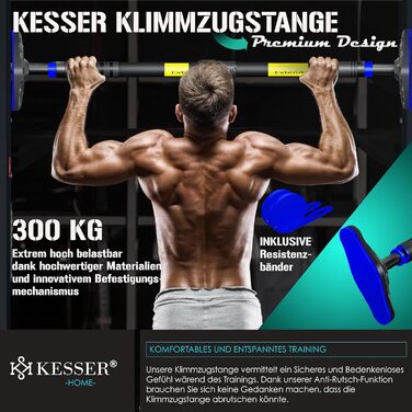 Турнік для дверного отвору KESSER, розсувний, без свердління, 68-106 см, до 300 кг, з нековзкими ручками та еспандерами