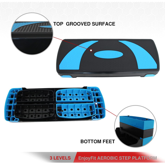 Аеробічний степ-платформа EnjoyFit XL преміум, 3-рівнева, 78x30x10/15/20 см, синьо-чорна