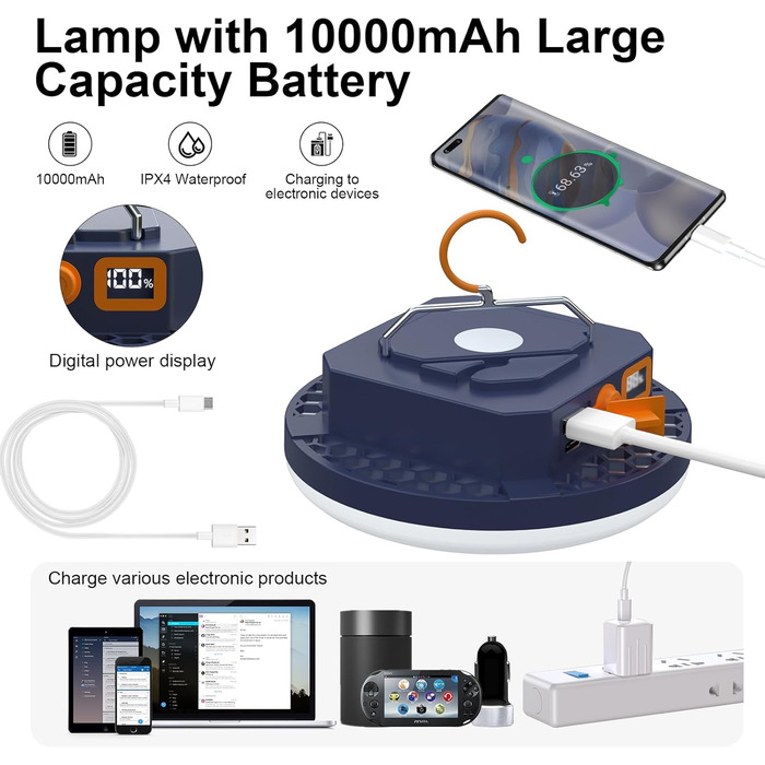 Ліхтар кемпінговий акумуляторний, 10000 мАг, 3000 лм, для намету, 6500K, портативний, для риболовлі, освітлення для надзвичайних ситуацій, біле світло