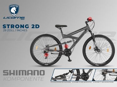 Гірський велосипед Licorne Bike Strong 2D Premium 29 дюймів, дискові гальма, 21 швидкість, повна амортизація, антрацит, для хлопців, дівчат, жінок і чоловіків