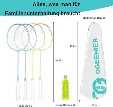 Набір для бадмінтону OGEENIER: 4 ракетки, 6 воланів, сумка, блакитний+жовтий, 3 1/4 дюйма