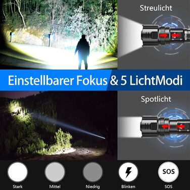 Тактичний ліхтарик DapoHomeu LED, 500000 люмен, перезаряджається, тактичний, з функцією зуму, водонепроникний, 5 режимів освітлення для кемпінгу, туризму та надзвичайних ситуацій