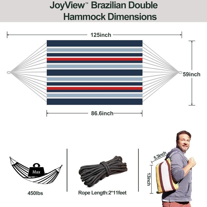 Гамак подвійний бразильський JoyView, 220x150 см, бавовна, смугастий (чорно-червоний), до 204 кг, для тераси, саду, балкона