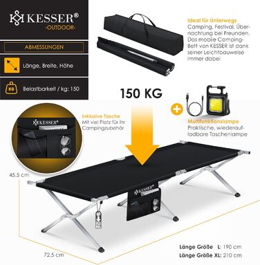 Кемпінг-ліжко KESSER® розкладне з сумкою, ліхтарем та кишенею, 190/210 см, чорне, металевий каркас, 150 кг