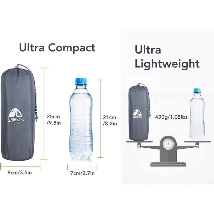 Килимок для кемпінгу Unigear 500g, Ultralight, Надувний, для туризму та відпочинку на природі, з подушкою, армійного кольору