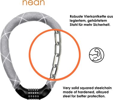 Надійне велозамок Nean з кодом, 6x6x900 мм, сталевий ланцюг, тканинне покриття, висока безпека