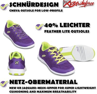 Кросівки для боулінгу KR Strikeforce з шнурівкою, спортивні, з двосторонньою підошвою, кольорові (36 EU, фіолетовий/жовтий)