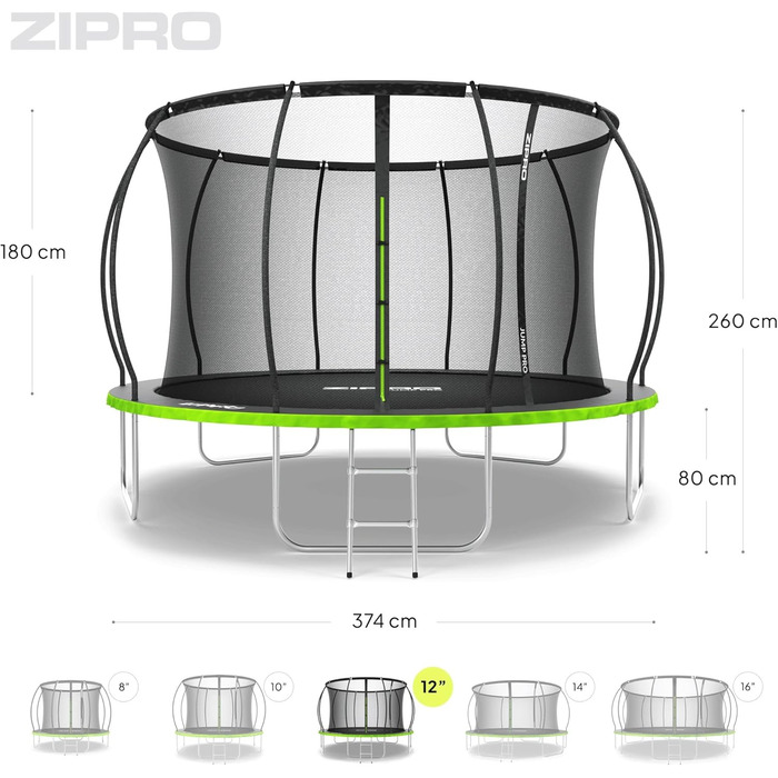 ZIPRO JumpPro Premium Трамплін для дітей Outdoor, садова модель з сіткою, стійкий до погодних умов, захист від УФ-випромінювання, легка збірка, вантажопідйомність до 150 кг, діаметр 252/312/374/435/496 см (10'/12'/15'/17'/20')