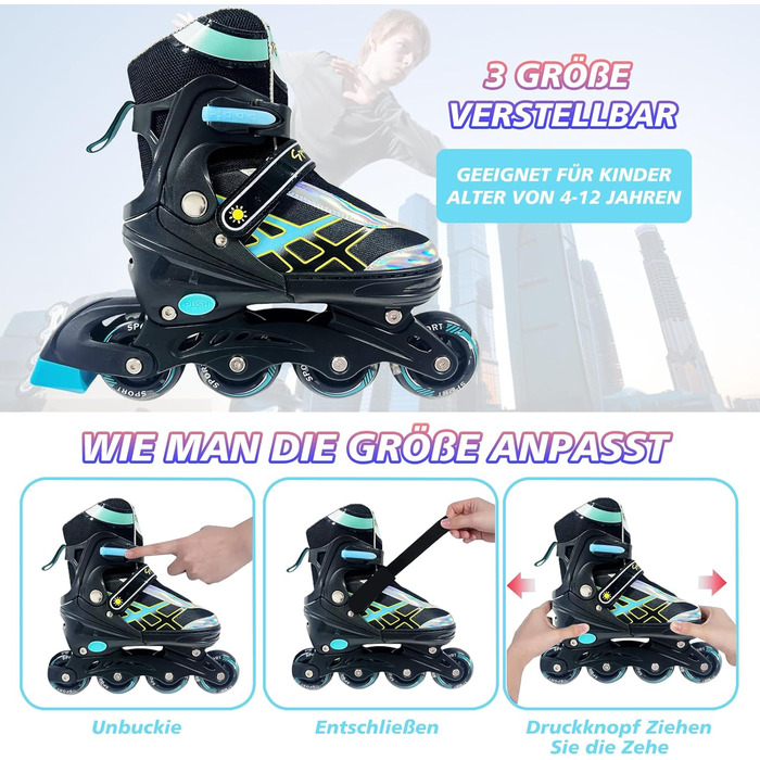 Роликові ковзани для дітей, регульовані, чорно-сині. Розміри 32-35 EU (210-240 мм). Підходять для початківців, для використання в приміщенні та на вулиці.