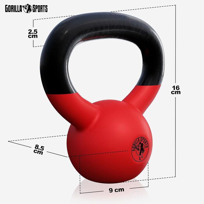 Kettlebell GORILLA SPORTS 2-32 кг, чавунна, з вініловим покриттям, для фітнесу та тренувань