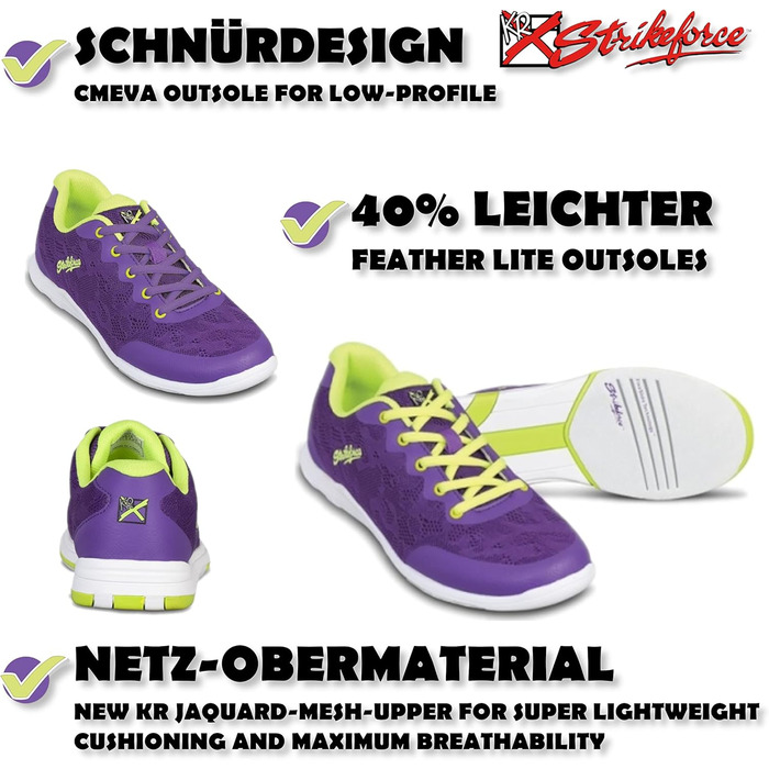Кросівки для боулінгу KR Strikeforce з шнурівкою, спортивні, з двосторонньою підошвою, кольорові (36 EU, фіолетовий/жовтий)