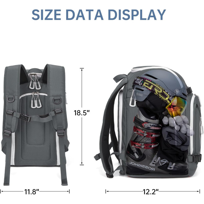 Рюкзак для лиж та сноуборду 50L з кишенями для черевиків, шолома, окулярів, рукавичок та аксесуарів, сірий