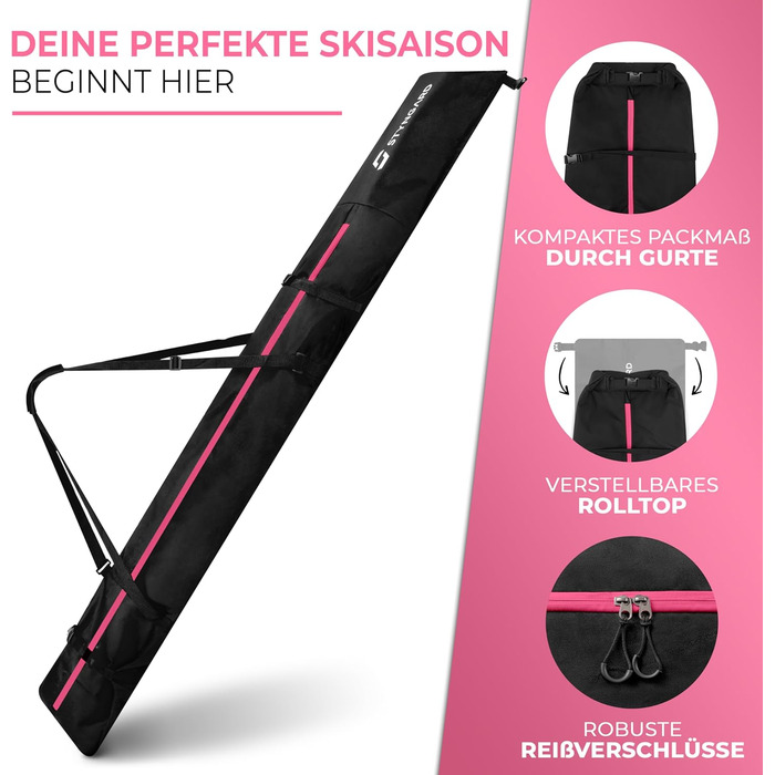 Чохол для лиж STYNGARD Helsinki, чорно-рожевий, 140-200 см, міцний матеріал, якісна фурнітура