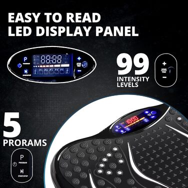 Платформа для тренувань MAXSTRENGTH з вібрацією | 99 рівнів інтенсивності та 5 програм | Тренування всього тіла | Домашні фітнес-прилади з Bluetooth-динаміками та еластичними стрічками (Чорний)