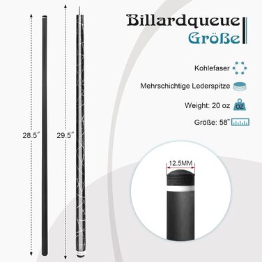 Більярдний кий з карбону, 58 дюймів, 12.5 мм наконечник, 20/21 унція, для аматорів та професіоналів