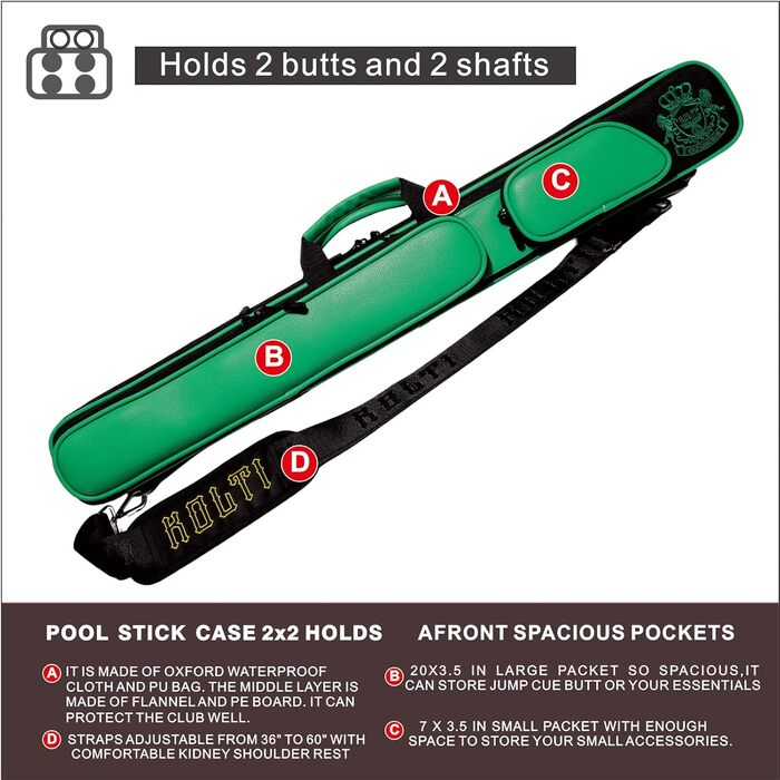 Чохол для більярду на 2 кия: м'який, з кількома кишенями для аксесуарів (зелений)