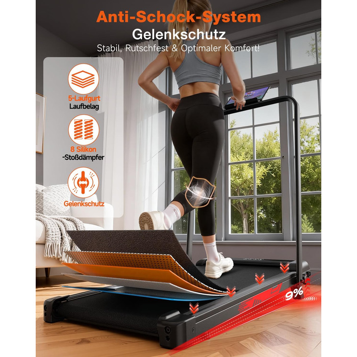 Складане бігове доріжки 4-в-1 з ручним нахилом 9%, тихий електричний біговий тренажер до 10 км/год, безщітковий двигун 3.0 PS, амортизація, LED-дисплей, компактний, для дому та офісу