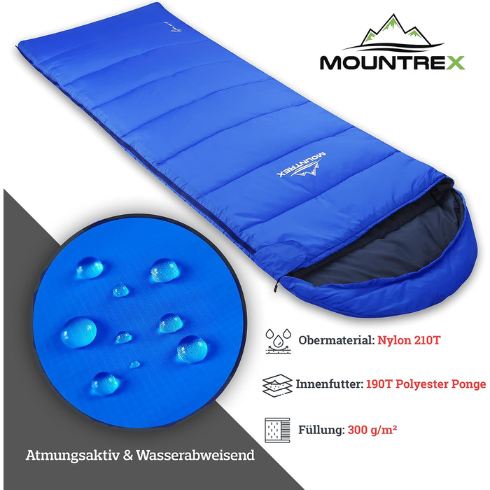 Спальний мішок MOUNTREX -5°C / 10°C для кемпінгу та відпочинку на природі. Дека-спальник 205 x 75 см, 3 сезони, легкий та теплий (1.6 кг). Підходить для чоловіків, жінок та дорослих. Можливість з'єднання блискавками (RV) - колір: блакитний.