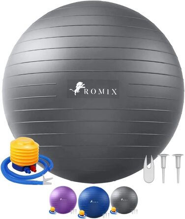 Гімнастичний м'яч ROMIX 55/65/75 см, анти-вибуховий, з насосом, для йоги, пілатесу, фітнесу, вагітних, фіолетовий