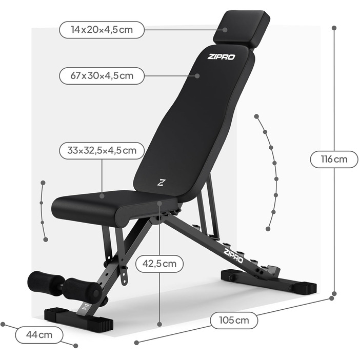 Спортивна лава ZIPRO для дому: 7 положень, навантаження до 300 кг, тренажер для пресу та спини, чорний колір