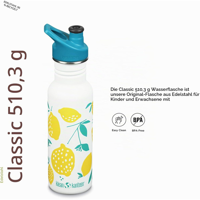 Сталева багаторазова пляшка для води Klean Kanteen (Lemons), унісекс, 1008925