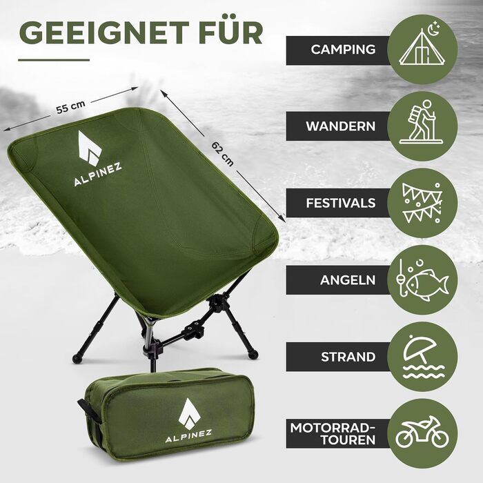 Зручний складаний стул для кемпінгу Alpinez: легкий, регульований по висоті, з компактним розміром | Стільці для риболовлі, пляжу, відпочинку на природі. Зелений колір