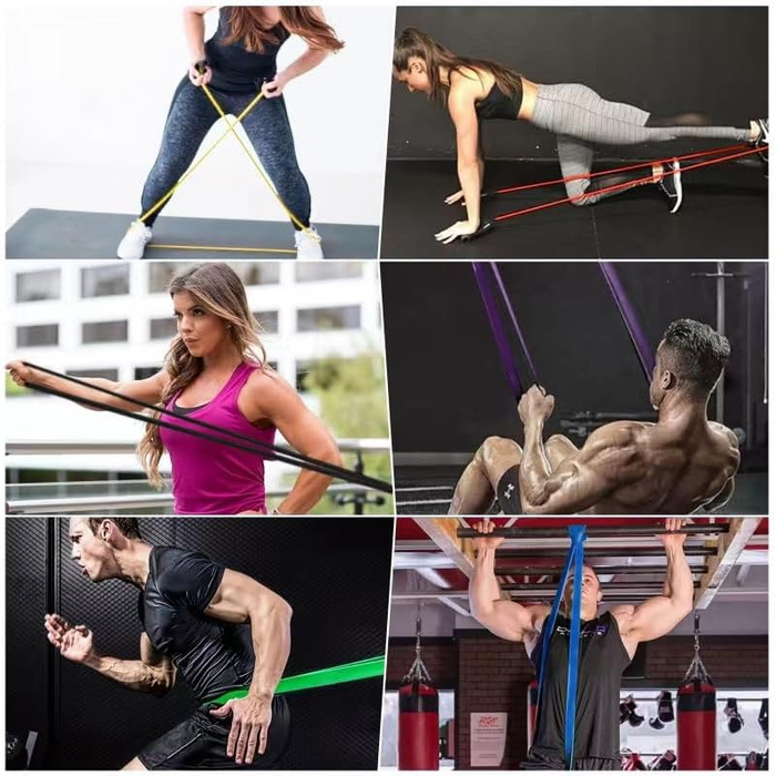 Набір еластичних стрічок для фітнесу, 3 рівні опору, з дверними фіксаторами, ручками, чохлом, сумкою та інструкцією. Підходять для фітнесу, йоги та силових тренувань. Кольори: синій, зелений, фіолетовий, чорний, червоний, жовтий.