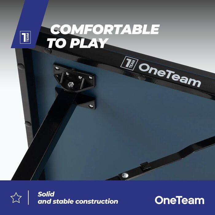 Стол для пінг-понгу OneTeam для гри в приміщенні з сіткою та складними панелями, 2 відділення для м'ячів та ракеток, транспортні ролики з фіксацією (OT-MTI-01)